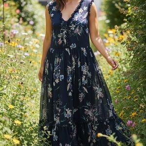 Lane Bryant Women’s 18/20 Floral Navy Maxi Dress with ruffles 56” long